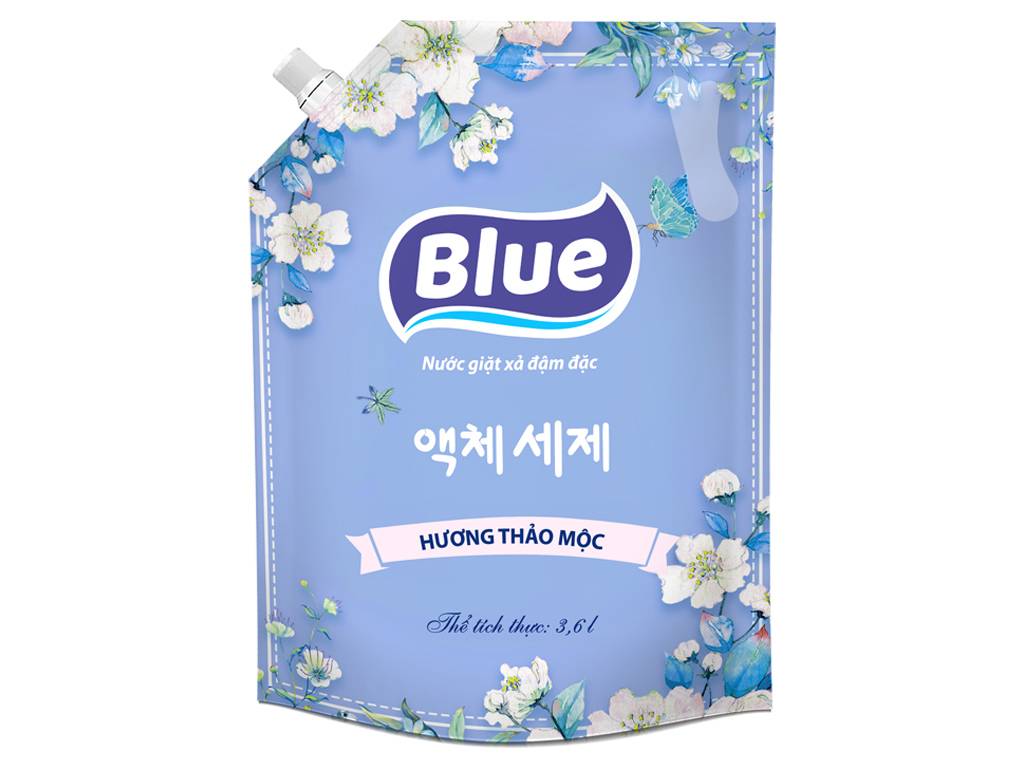 Mẫu thiết kế bao bì Nước giặt xả đậm đặc Blue hương thảo mộc túi 3.6 lít