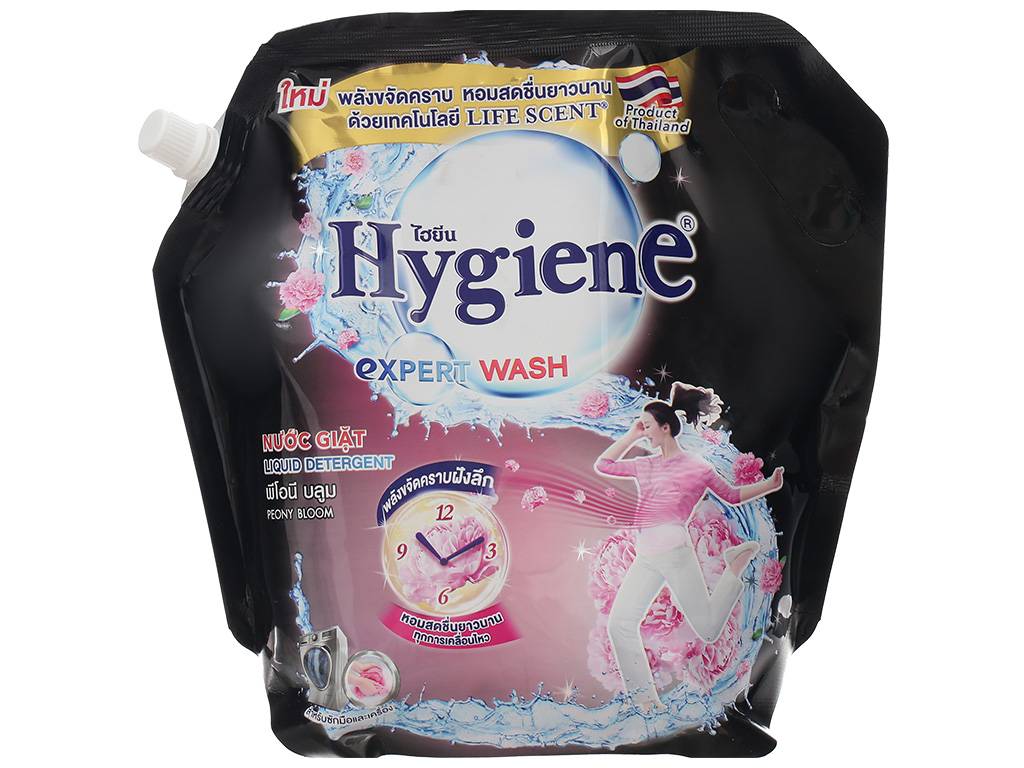 Mẫu thiết kế bao bì Nước giặt xả Hygiene đen expert wash hương hoa mẫu đơn túi 1.8 lít