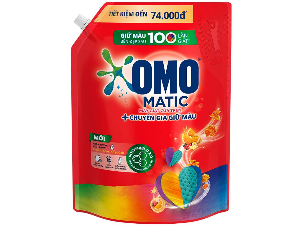 Mẫu thiết kế bao bì Nước giặt OMO Matic cửa trên chuyên gia giữ màu hương cam và hổ phách