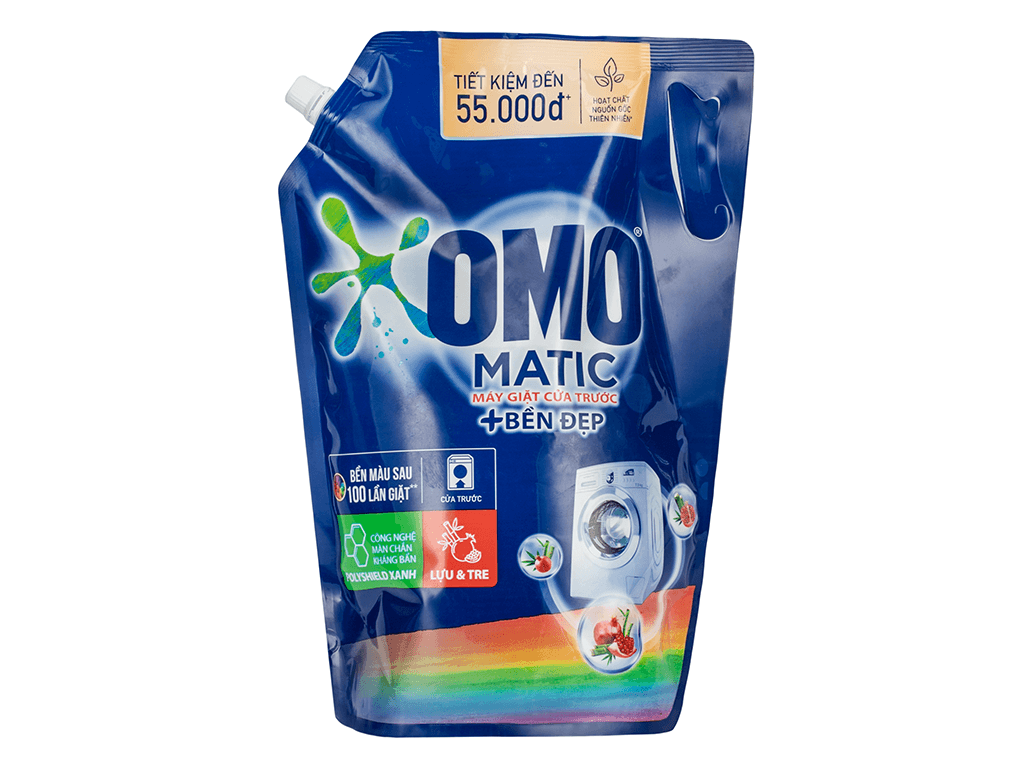 Mẫu thiết kế bao bì Nước giặt OMO Matic cửa trước bền màu tinh chất Lựu Tre