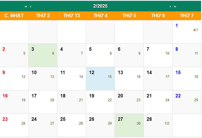 lịch âm tháng 2 năm dương lịch 2025