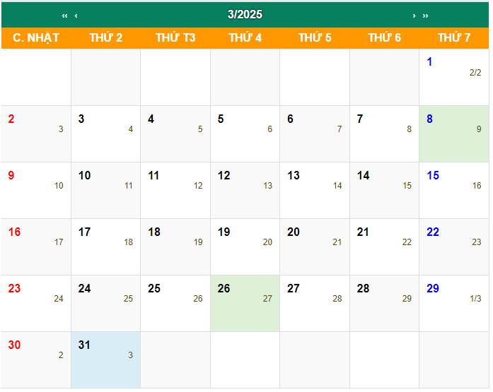 lịch âm tháng 3 năm dương lịch 2025