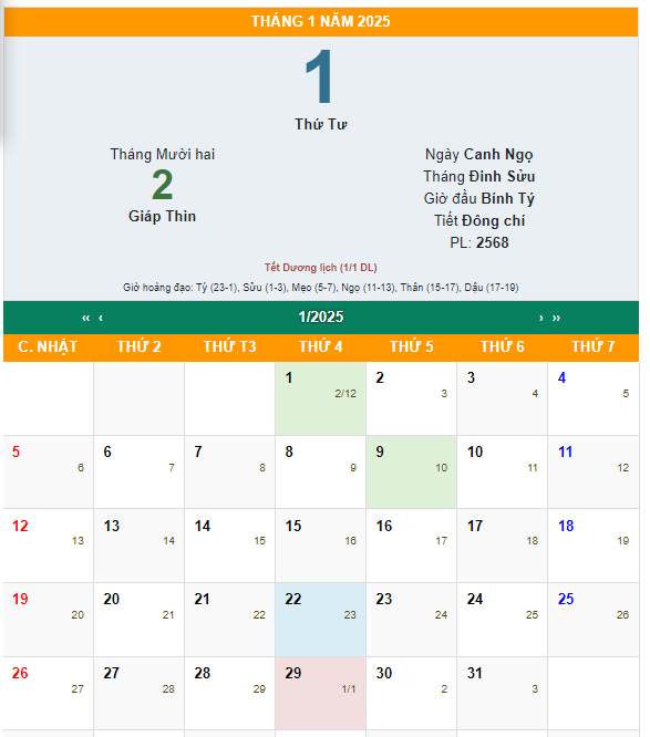 lịch âm tháng 1 năm dương lịch 2025