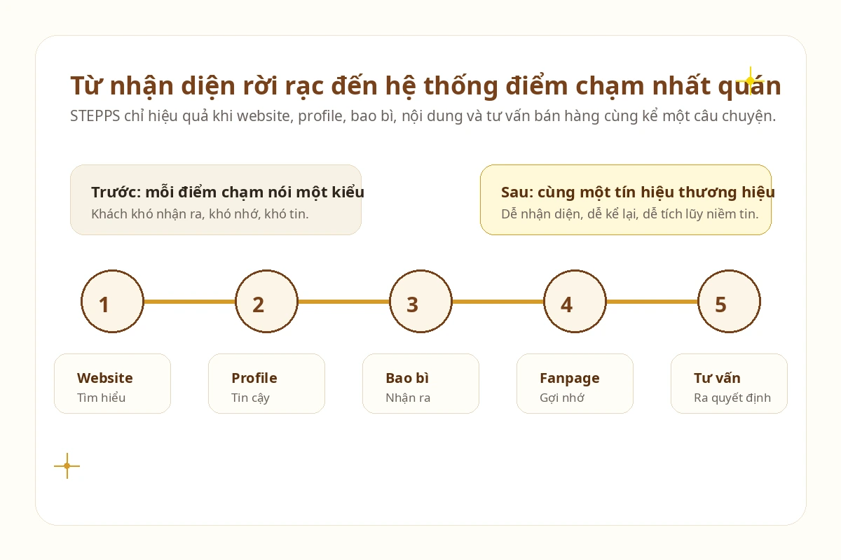Hệ thống điểm chạm thương hiệu SME nhất quán từ website profile bao bì fanpage và tư vấn bán hàng