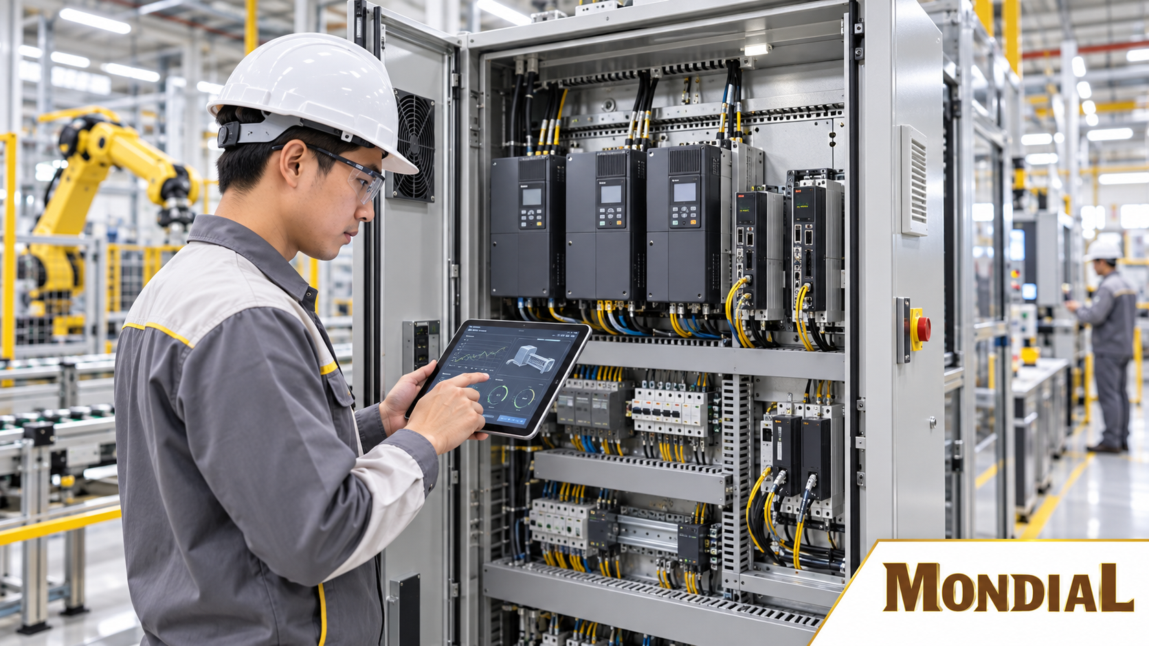 Kỹ sư kiểm tra biến tần và servo drive trong nhà máy thông minh