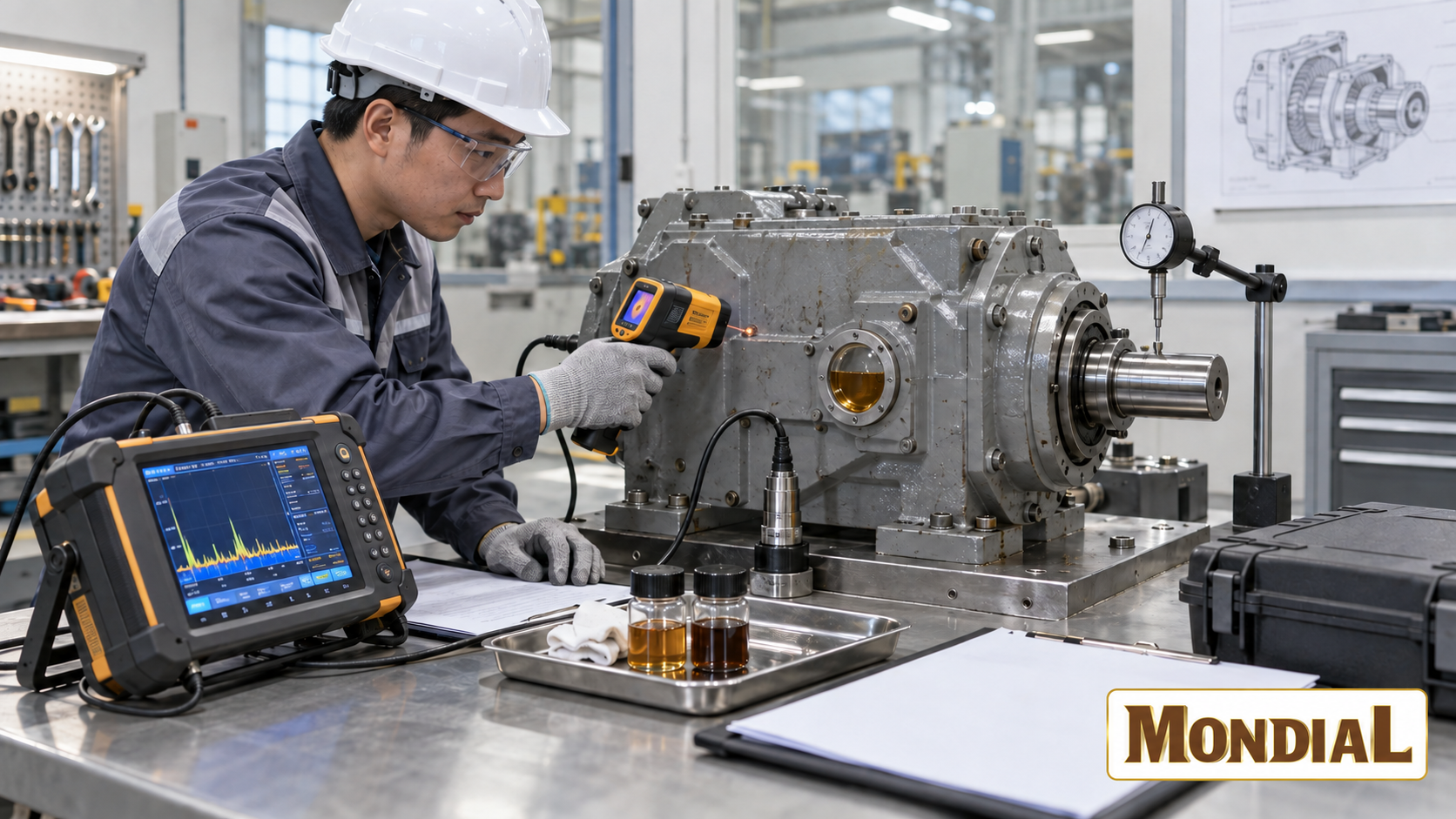 Kỹ sư kiểm tra rung nhiệt và dầu hộp giảm tốc công nghiệp