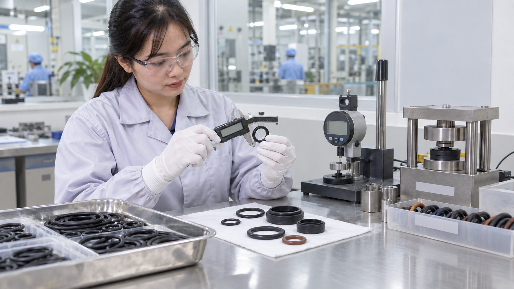 Kỹ sư kiểm tra chất lượng O-ring và gioăng cao su