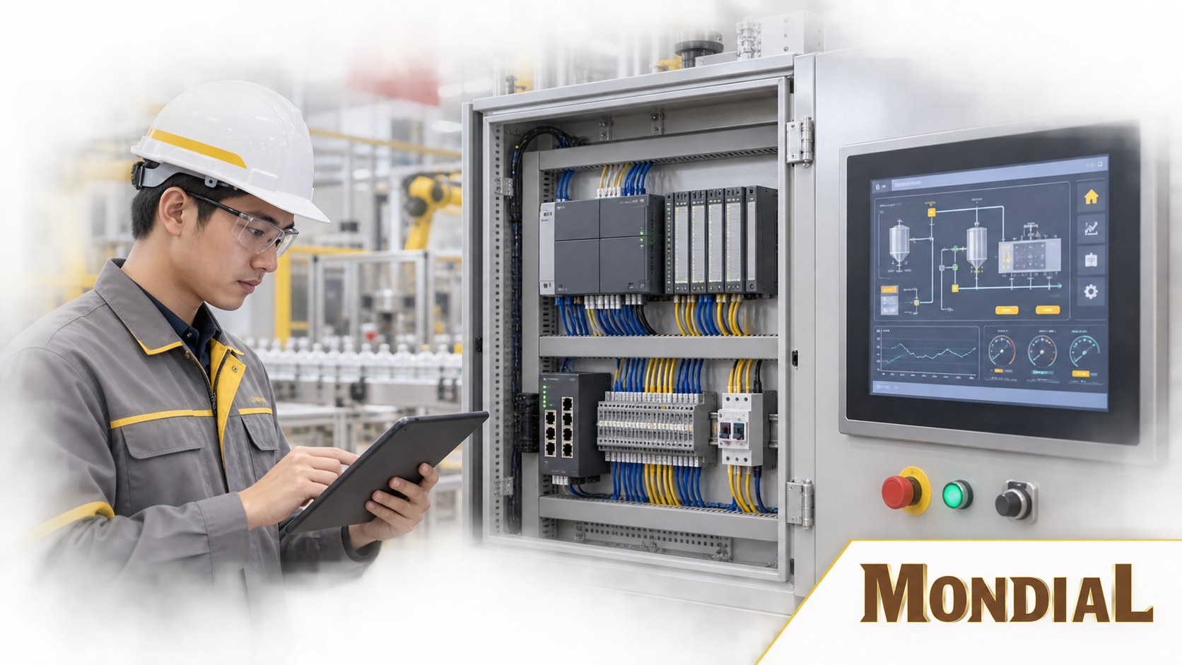 Kỹ sư kiểm tra PLC và màn hình HMI trong nhà máy tự động hóa