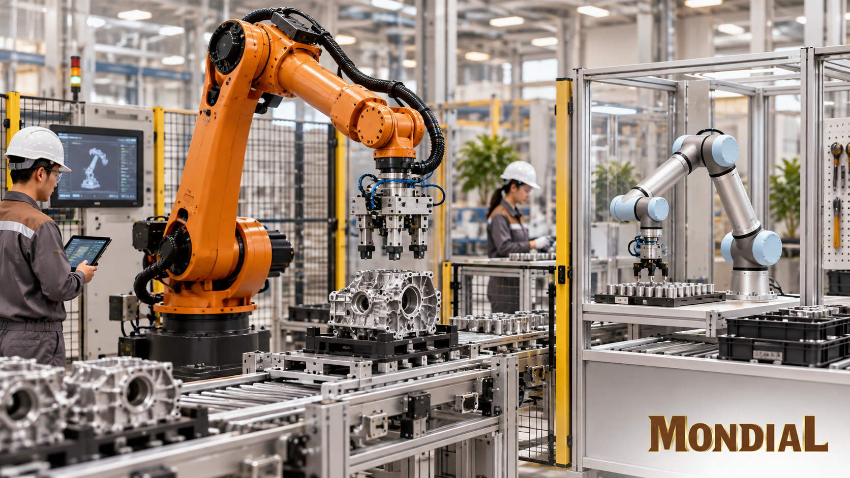 Robot công nghiệp và cobot hoạt động trong nhà máy tự động hóa